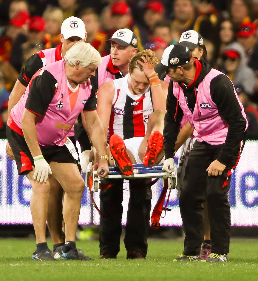 AFL 2016 Rd 11 - Adelaide v St Kilda ADELAIDE, AUSTRALIA - JUNE 05: Hugh Goddard of the Saints leaves the field injured during the 2016 AFL Round 11 match between the Adelaide Crows and the St Kilda Saints at Adelaide Oval on June 5, 2016 in Adelaide, Australia. (Photo by AFL Media)